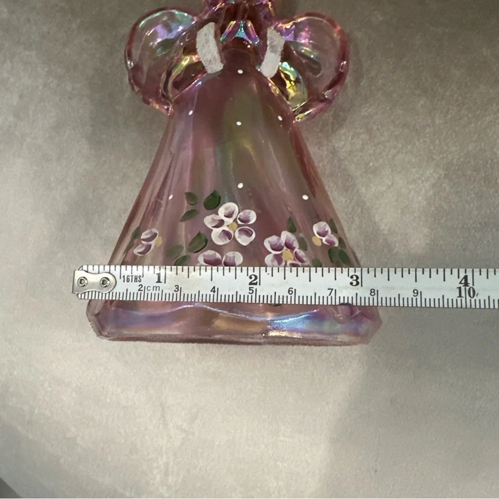 Fenton Art Glass Pink Iridescent Angel Figure Hand Painted Floral Signed 6.5